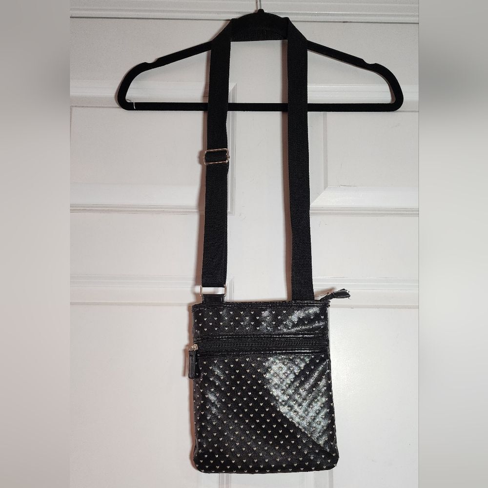 Black And Silver Hearts Lightweight Crossbody Bag Has Minor Wear